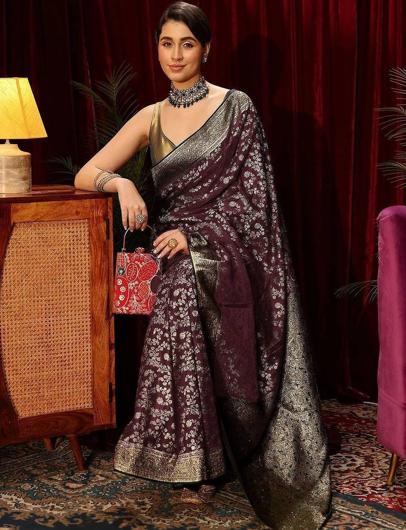 purple floral zari satin saree