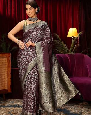 purple floral zari satin saree 2