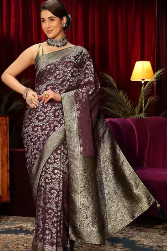 purple floral zari satin saree