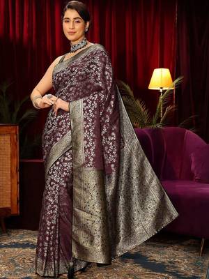 purple floral zari satin saree 3