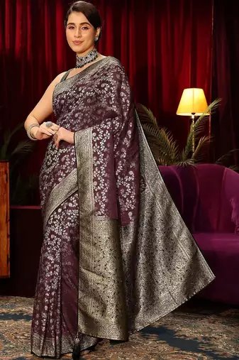 purple floral zari satin saree