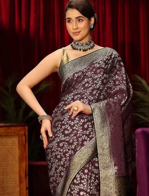 purple floral zari satin saree 5