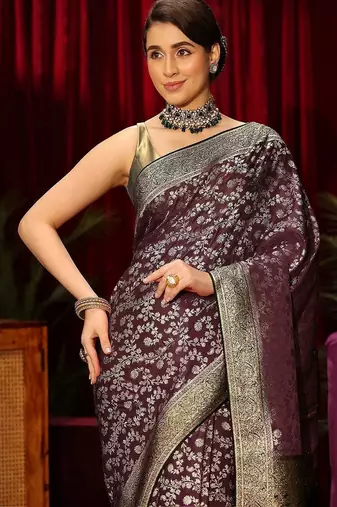 purple floral zari satin saree