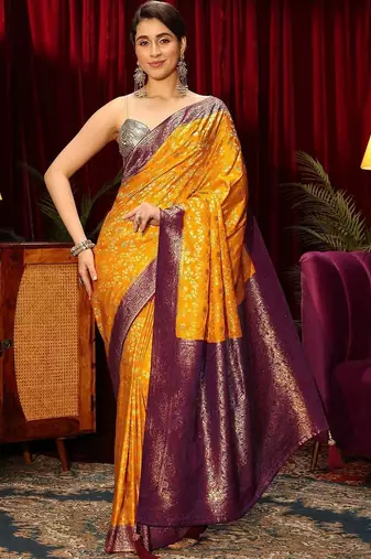 yellow woven design zari satin saree