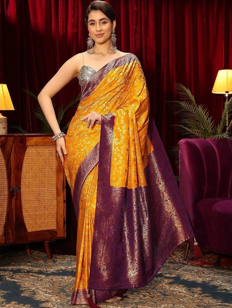 yellow woven design zari satin saree