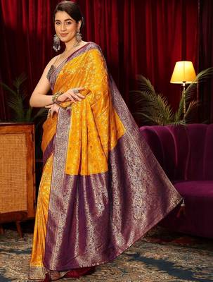 yellow woven design zari satin saree 3