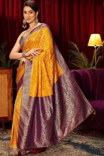 yellow woven design zari satin saree