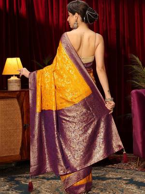 yellow woven design zari satin saree 4