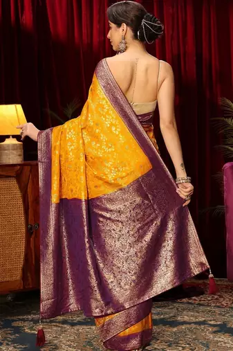 yellow woven design zari satin saree