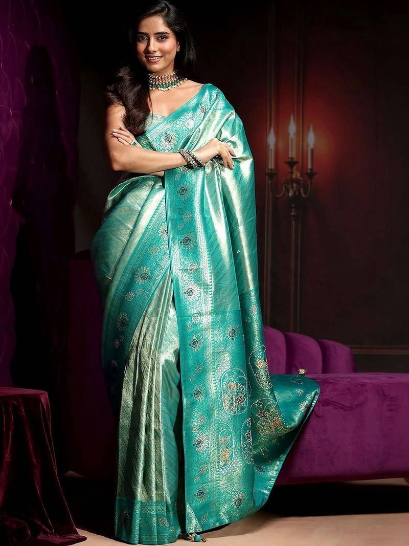 teal woven design silk blend saree