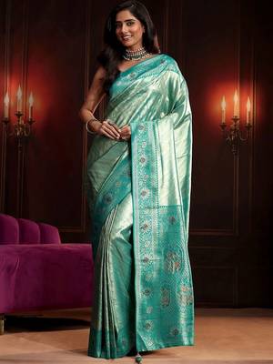teal woven design silk blend saree 2