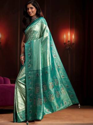 teal woven design silk blend saree 3