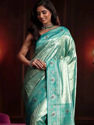 teal woven design silk blend saree 5