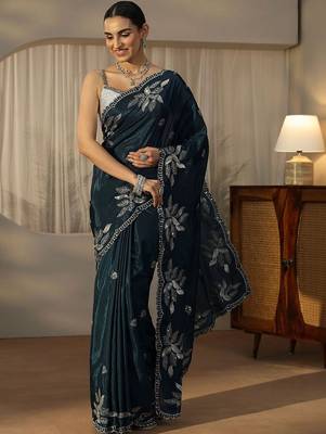 teal embellished embroidered satin saree 2