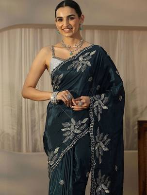 teal embellished embroidered satin saree 3