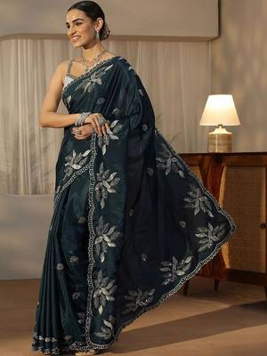 teal embellished embroidered satin saree 4
