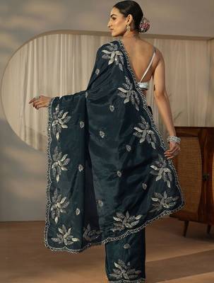 teal embellished embroidered satin saree 5