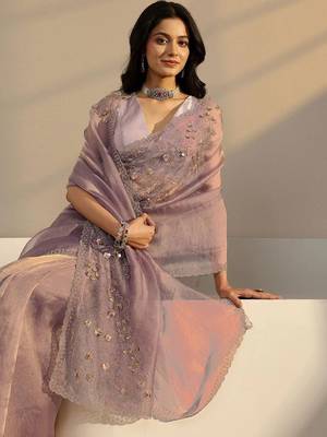 lavender embroidered organza saree 1