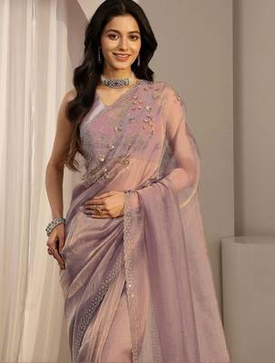 lavender embroidered organza saree 4