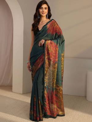 teal floral beads and stones satin saree 1