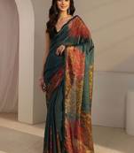teal floral beads and stones satin saree