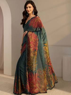 teal floral beads and stones satin saree 2