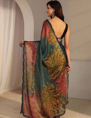 teal floral beads and stones satin saree 3