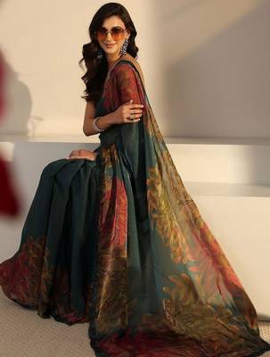 teal floral beads and stones satin saree 4