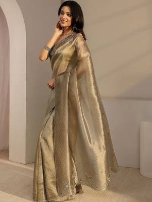 gold beads and stones tissue saree 2