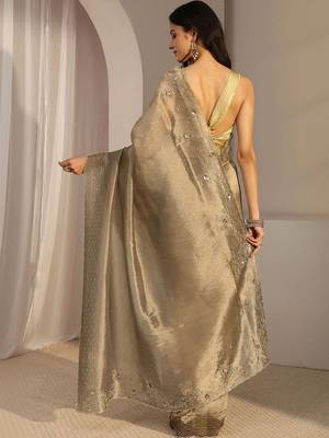gold beads and stones tissue saree 3