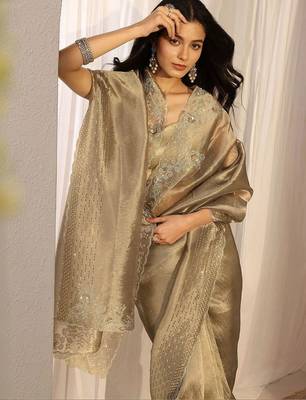 gold beads and stones tissue saree 4