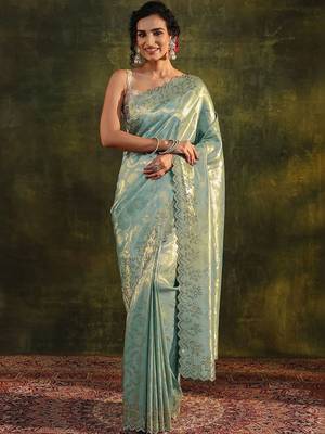 sea green floral embroidered silk blend saree 1