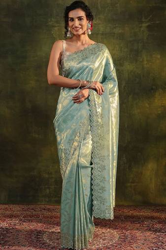 sea green floral embroidered silk blend saree