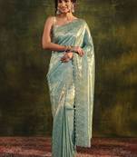 sea green floral embroidered silk blend saree