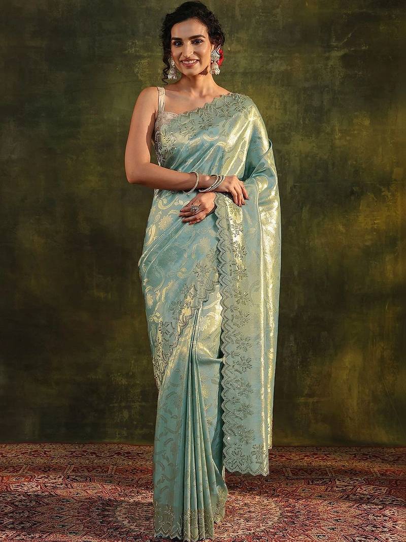 sea green floral embroidered silk blend saree