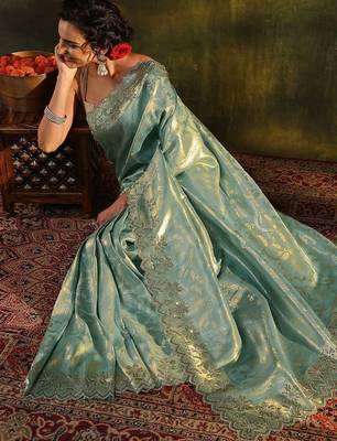 sea green floral embroidered silk blend saree 2