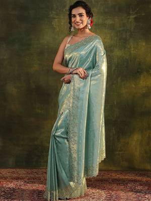sea green floral embroidered silk blend saree 3