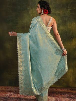 sea green floral embroidered silk blend saree 4