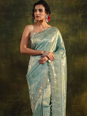 sea green floral embroidered silk blend saree 5