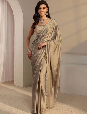 taupe embellished beads and stones satin saree 2