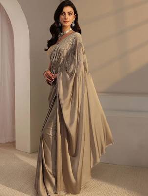 taupe embellished beads and stones satin saree 3