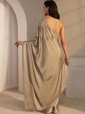 taupe embellished beads and stones satin saree 4