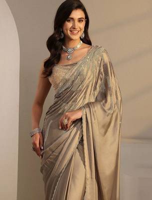 taupe embellished beads and stones satin saree 5