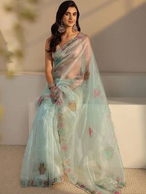 sea green floral embroidered organza saree 1