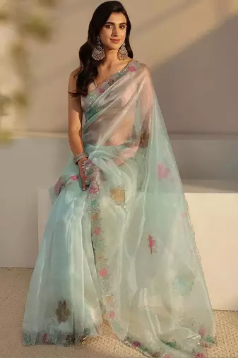 sea green floral embroidered organza saree