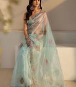 sea green floral embroidered organza saree