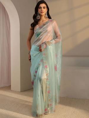 sea green floral embroidered organza saree 2