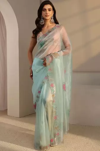 sea green floral embroidered organza saree