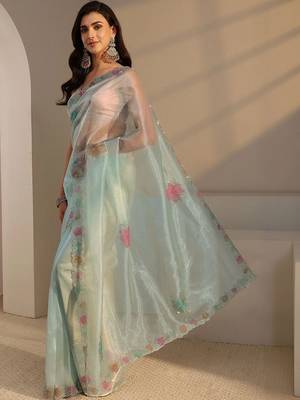 sea green floral embroidered organza saree 3