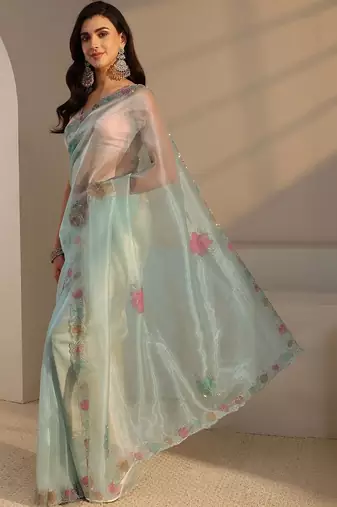 sea green floral embroidered organza saree